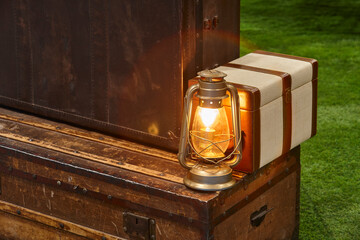 Old fashioned safari luggage campsite equipment. Outdoor adventure Africa