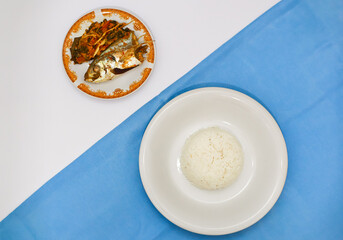 Steamed Rice and Pan Fried Fish with Stir Fried Bitter Melon