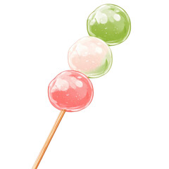 A vector illustration of a single vibrant dango skewer, three round rice dumplings in soft pink, green, transparent background, PNG