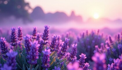 Soft lavender mist rising from a field of purple flowers, growth, mist