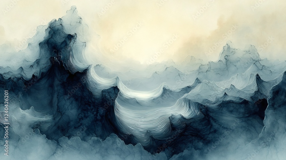 Poster surreal monochromatic ink illustration highlighting wavy central form and crystalline geometric shap