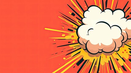 A vibrant comic-style explosion graphic, featuring a cloud of smoke and dynamic lines on a bold orange background.