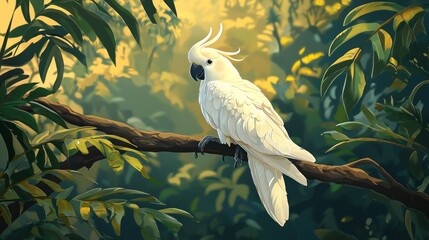 An artistic depiction of a cockatoo perched elegantly on a tree branch in a tropical jungle.