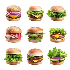Delicious Variety of Gourmet Burgers, Close up of Nine Mouthwatering Cheeseburgers with Different Toppings, Isolated on White Background Cutout