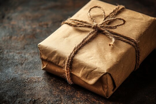 Wrapped parcel on a rustic wooden surface showcasing craftsmanship and gifting tradition