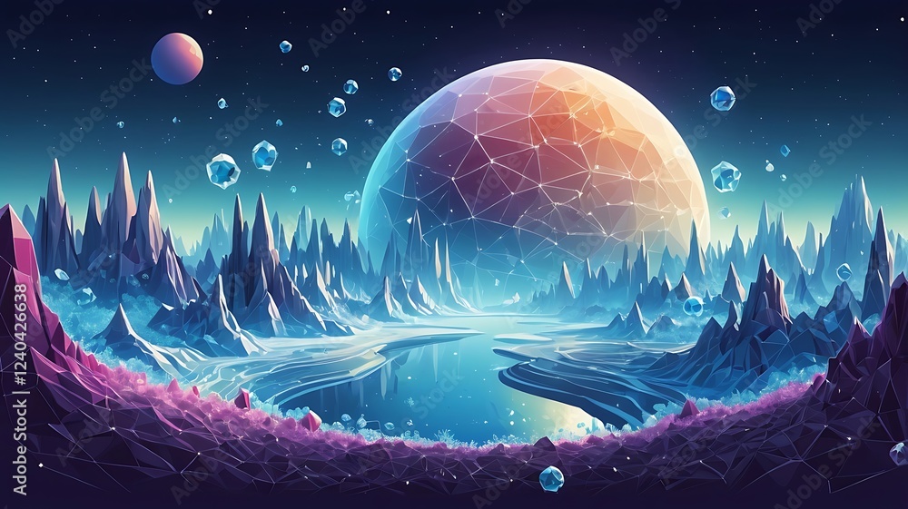 Poster a vector landscape of a planet made entirely of crystal structures.