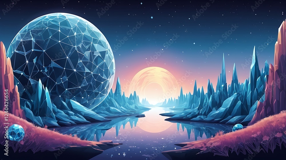 Poster a vector landscape of a planet made entirely of crystal structures.