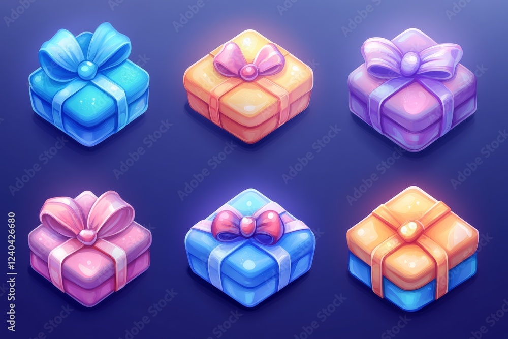 Poster colorful gift boxes with ribbons arranged in a decorative pattern against a dark background