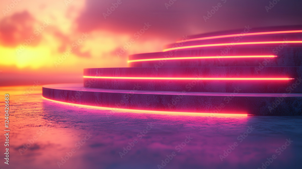 Poster a mesmerizing image featuring illuminated steps glowing against a vibrant sunset backdrop, perfect f
