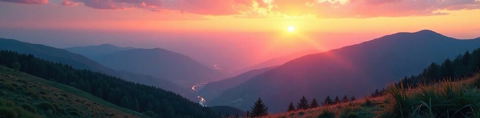 Obraz premium Softly glowing dawn breaks over the mountains, dew, mountains