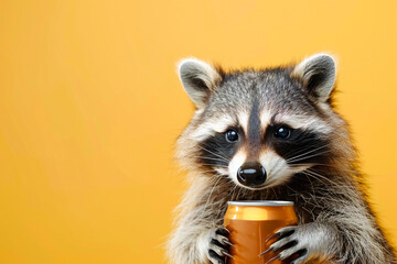 A raccoon posing with a red soda can against a yellow backdrop, creating a cheerful and unique...