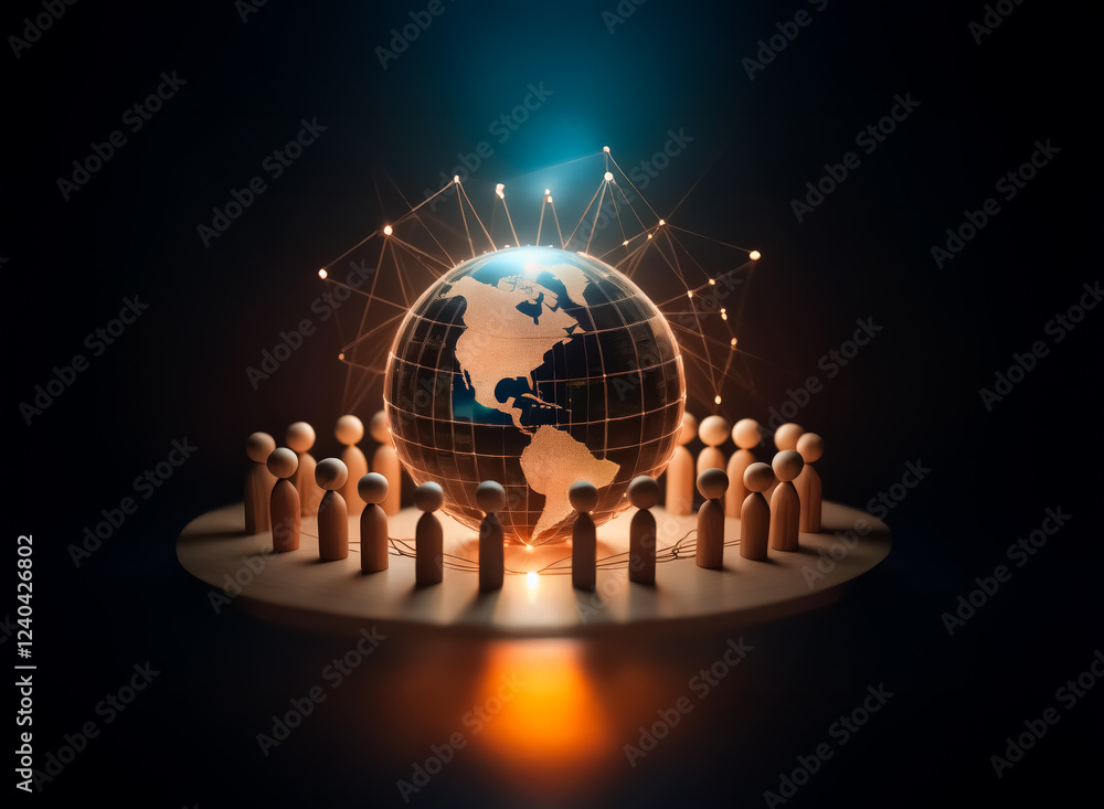 Poster a glowing earth encircled by interconnected lines, surrounded by small wooden figures on a circular 