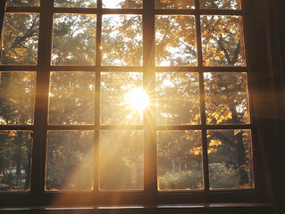 Autumn sun through window panes, trees and garden