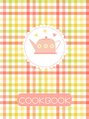 cover page for a recipe book with a cute pink teapot on a checkered background