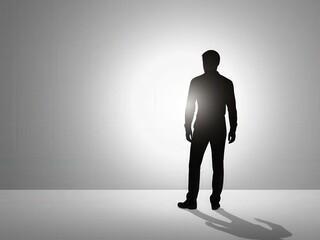Obraz premium Silhouette of Man Facing Light: A solitary figure, silhouetted against a gray backdrop, stands facing a bright light source, conveying a sense of hope, mystery, or the unknown.
