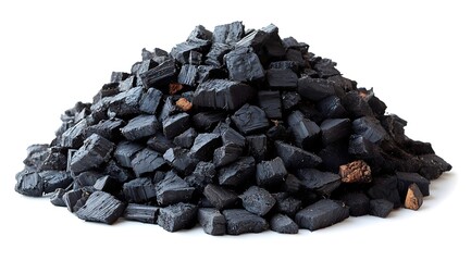 Stack of charcoal, natural fuel source, isolated on white background. 