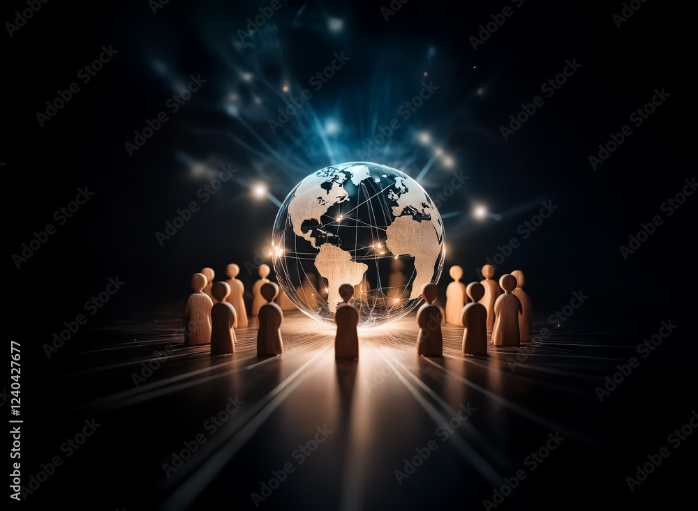 Poster a glowing earth encircled by wooden figures symbolizes global interconnectedness and communication i