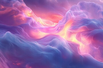 Colorful abstract landscape with swirling clouds and vibrant hues at dusk in a digital creation