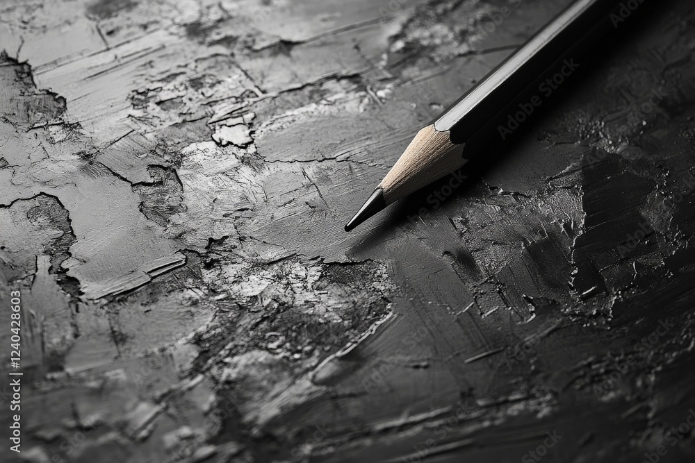 Poster Texture of a dark surface with a sharpened pencil resting on it during a creative session