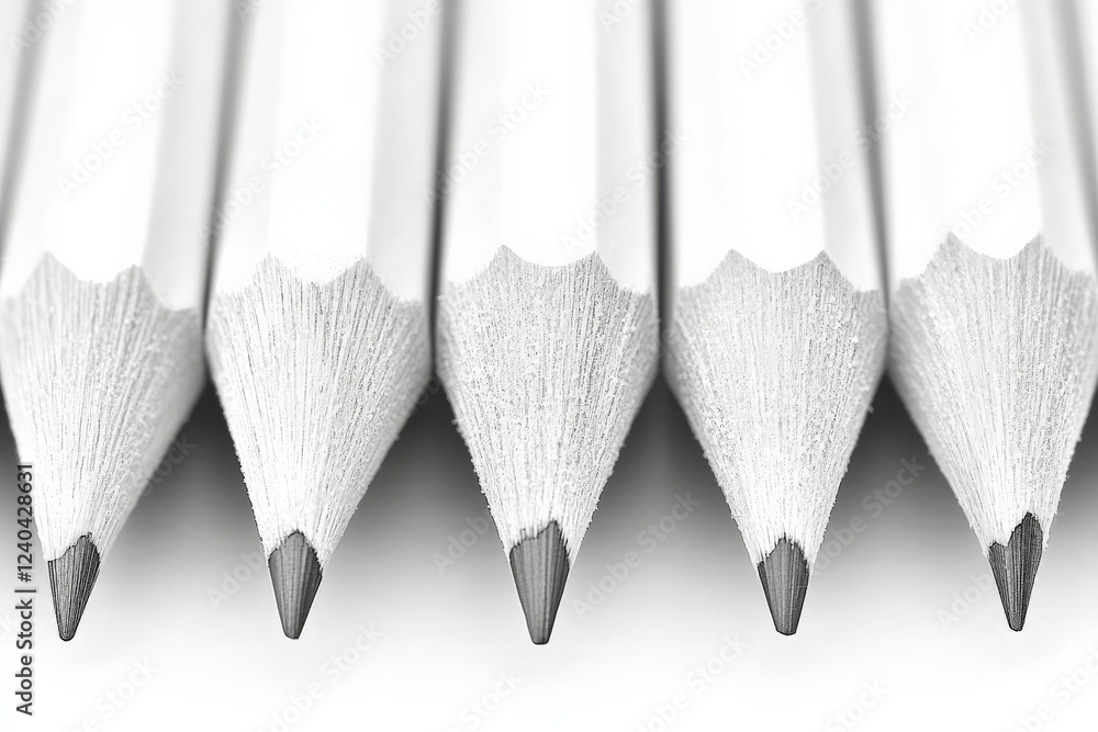 Poster Crafting with precision using an array of sharpened white pencils arranged neatly in a row
