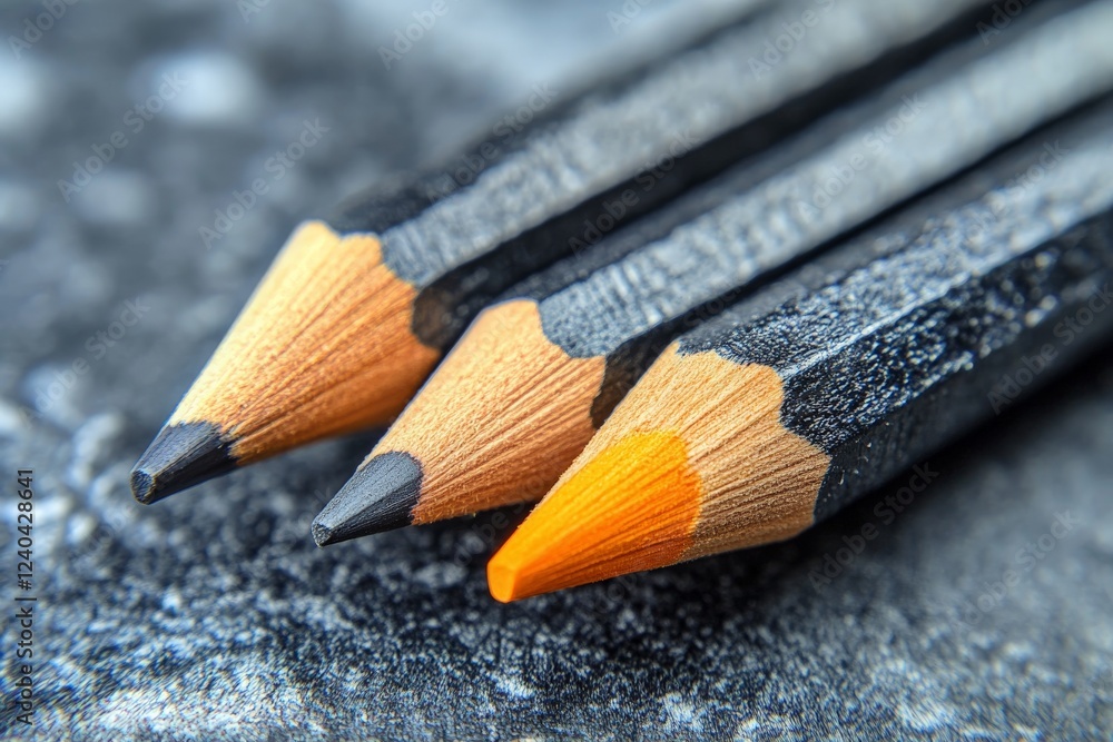Poster Different colored pencils arranged in a neat row on a textured surface during daylight