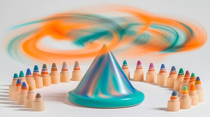 Colorful Pencils Surrounding Teal Swirl Cone Abstract Art