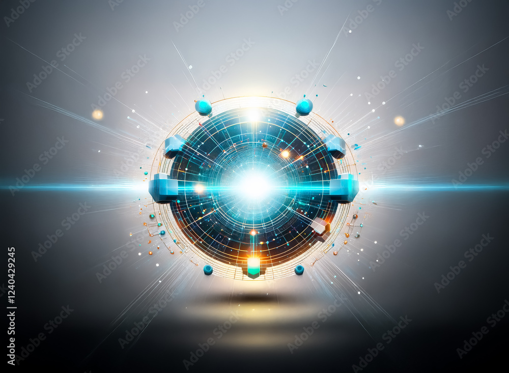 Poster a radiant sphere, glowing intensely, is surrounded by a burst of light and geometric shapes. its int