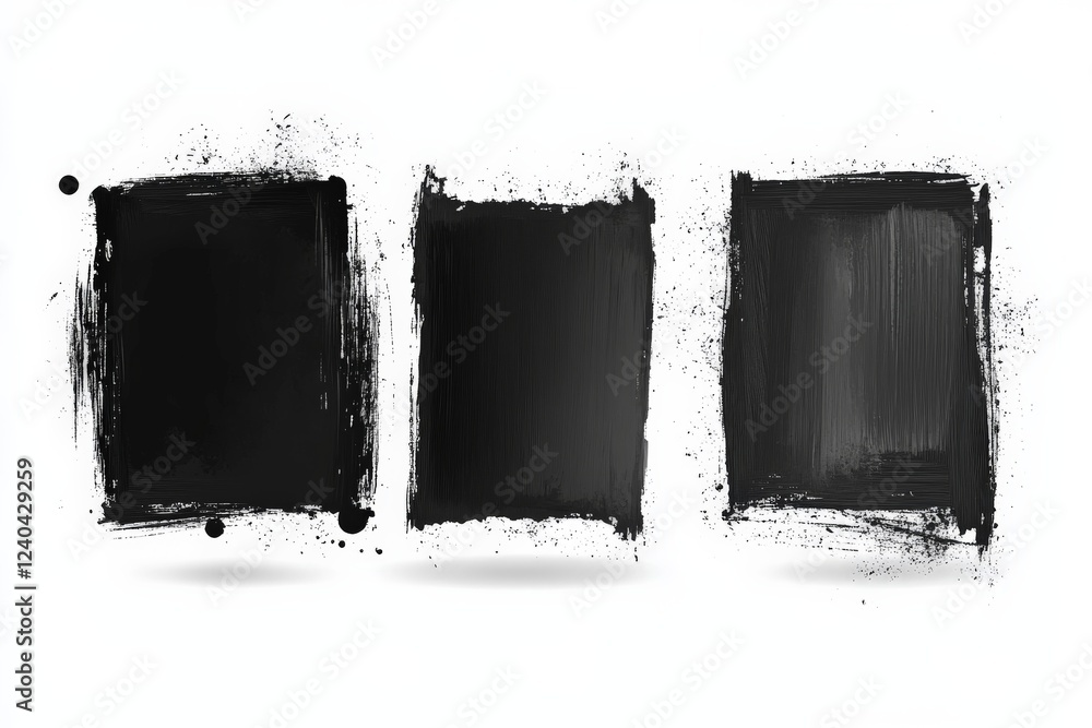 Poster Black paint strokes arranged in three rectangular frames against a white background create a minimalist art composition