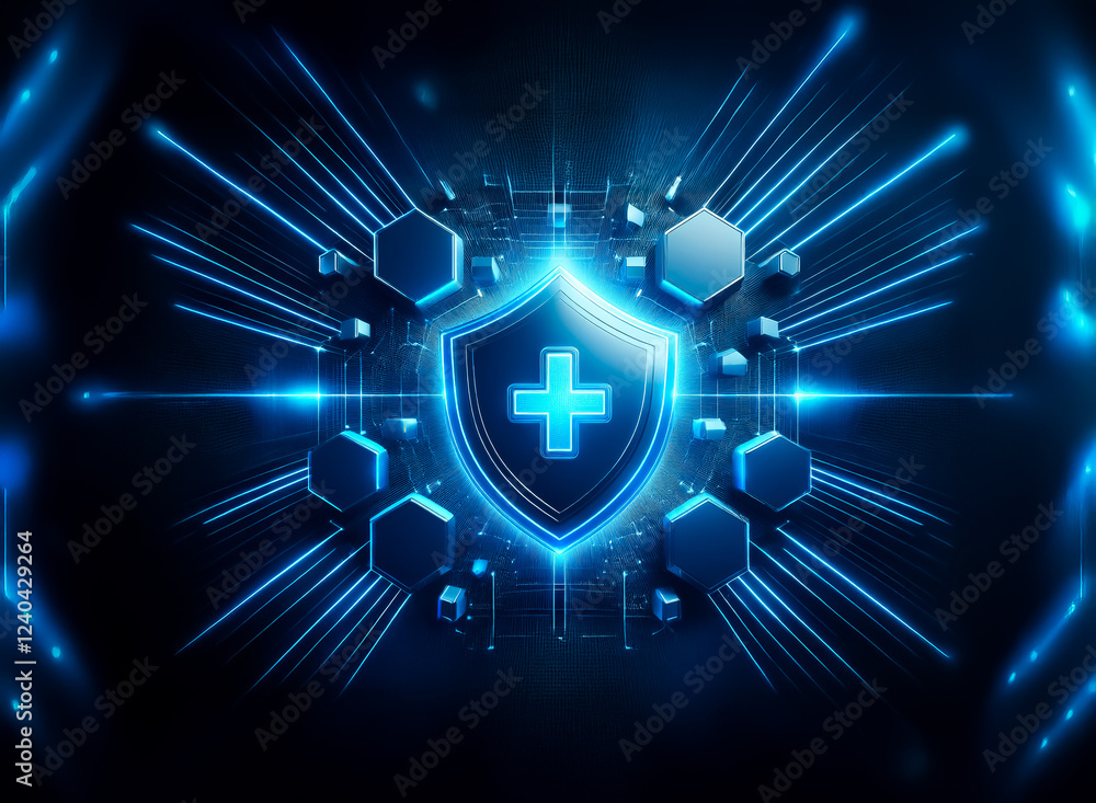 Aufkleber glowing blue shield with a plus symbol, surrounded by hexagonal shapes and radiating light streaks, 