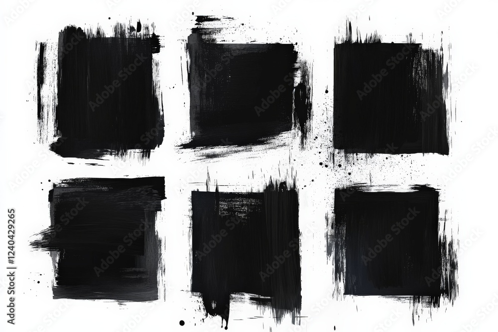 Poster Artistic expression with black brush strokes creating textured squares on a white background
