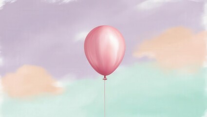 Fototapeta premium Single Pink Balloon Against a Pastel Sky: A single, glistening pink balloon floats against a backdrop of soft pastel clouds, evoking a sense of carefree joy and gentle optimism. 