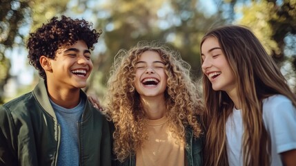 Naklejka premium Multiracial Friends Enjoying Laughter Outdoors College Campus Fun Diversity, Friendship, and Community in University Setting