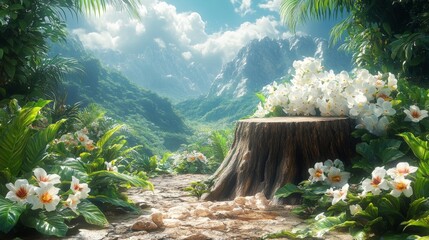 Mountain Valley with Orchids on a Stump. Generative AI
