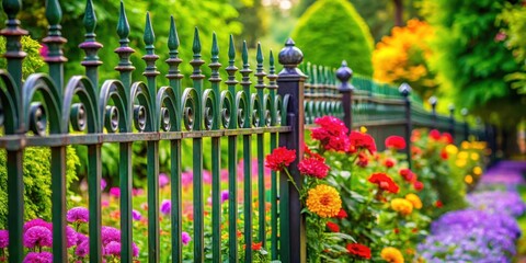 Close-up of metallic fence surrounding lush green garden with vibrant flowers and foliage , outdoor scenery, landscape photography