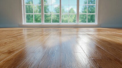 Sunlit hardwood floor, large window, green trees. Interior design