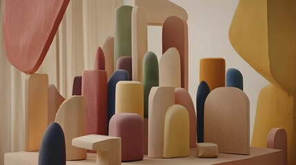 Fototapeta premium Abstract Colorful Wooden Cityscape Blocks Minimalist Art