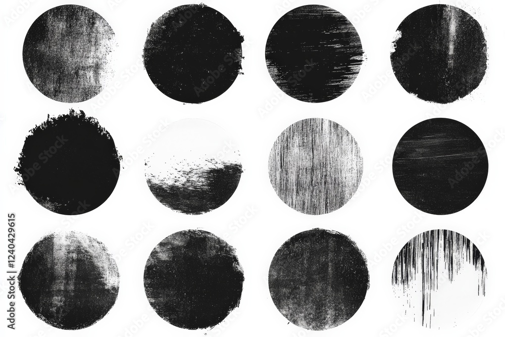 Aufkleber black and white abstract circles showcasing diverse textures and patterns created by brush strokes a
