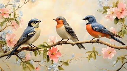 Three Colorful Birds Perched on a Blooming Branch