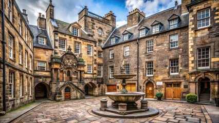 Naklejka premium A secluded stone courtyard surrounded by historic buildings in Edinburgh, with intricate carvings and ornate details , historic buildings, palace