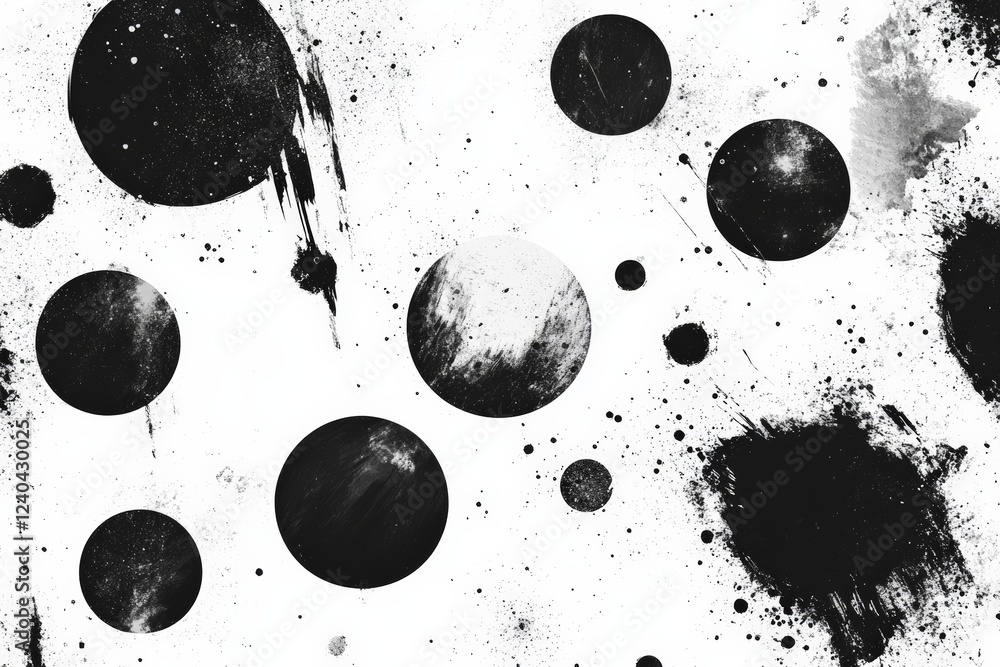 Poster abstract black and white cosmic illustration featuring various circles and splatters on a light back