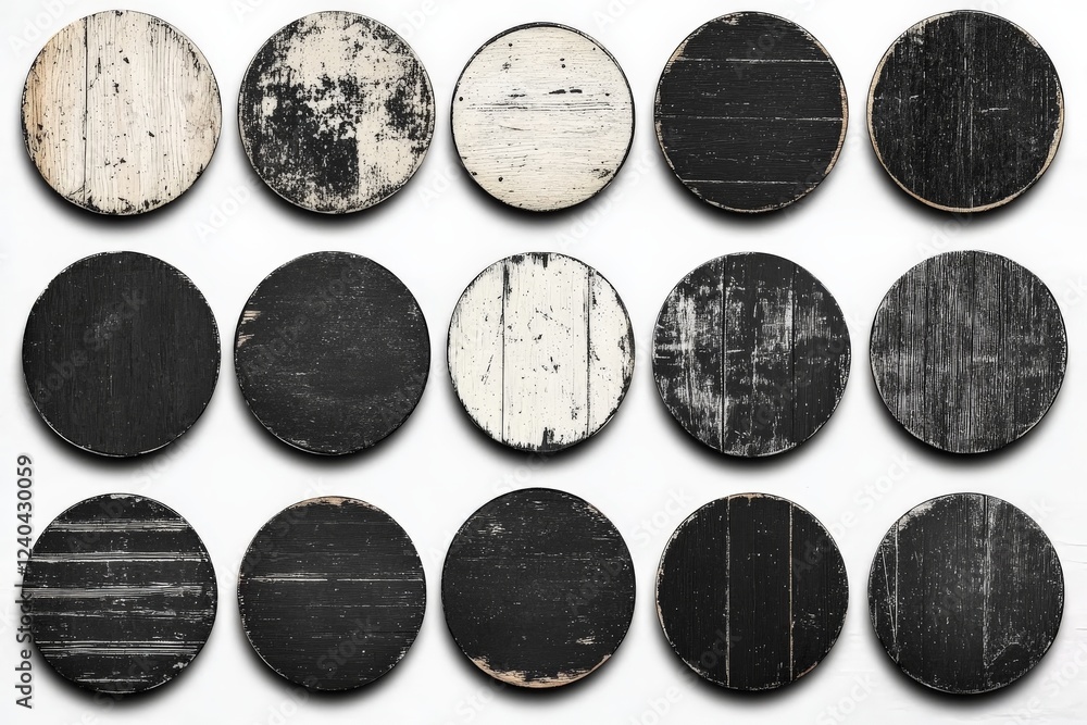 Poster unique collection of round wooden coasters in black and white arranged in a grid pattern