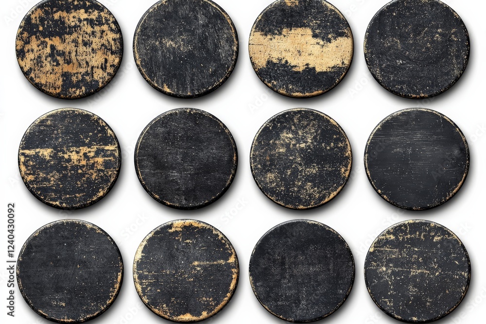Aufkleber circular black and gold decorative coasters arranged in a grid pattern on a light background