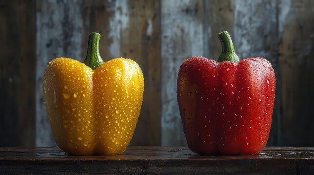Yellow and Red Bell Peppers with Fresh Water Droplets – Rustic Wooden Background, High-Quality Close-Up Photography, copy space for text