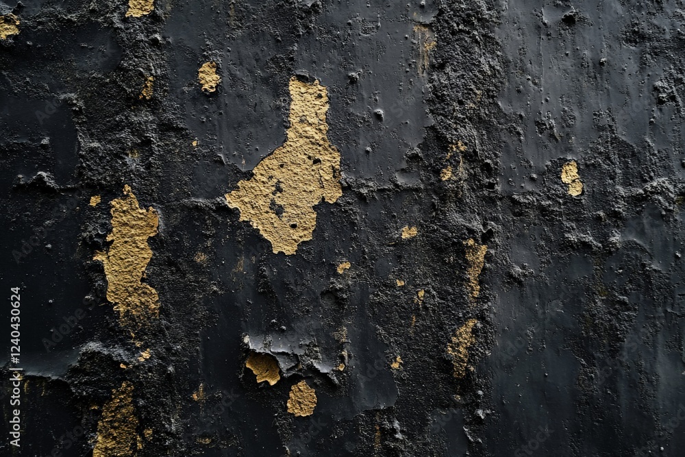 Poster black and gold textured surface showcasing weathered paint and peeling layers in an artistic display