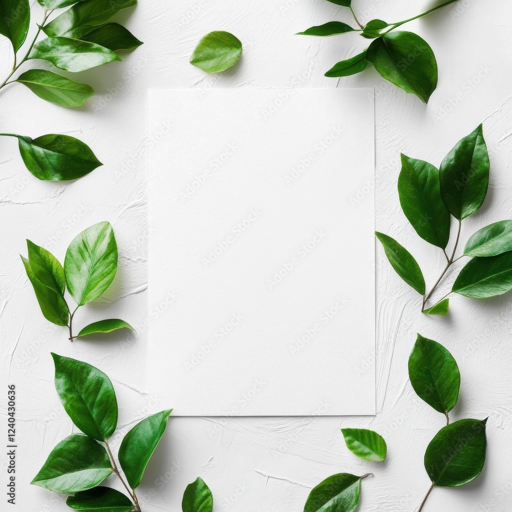 Poster blank space framed by fresh green leaves on a textured white background for design or writing purpos