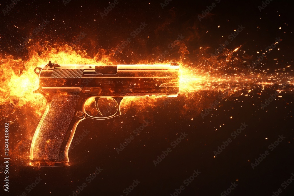 Poster flames erupt from a handgun as it discharges an intense blast of fire against a dark background