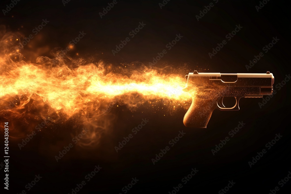 Poster Fire erupts from a handgun during a shooting event in a dark environment