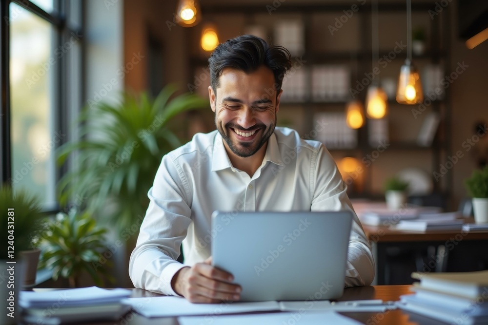 Aufkleber man is smiling while using his laptop at table