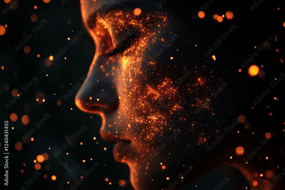 Poster woman's profile illuminated by glowing particles resembling stars and embers in a dark setting at ni