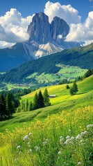 Fototapeta premium A stunning mountain landscape featuring lush green hills, colorful wildflowers, and majestic clouds surrounding a prominent peak.